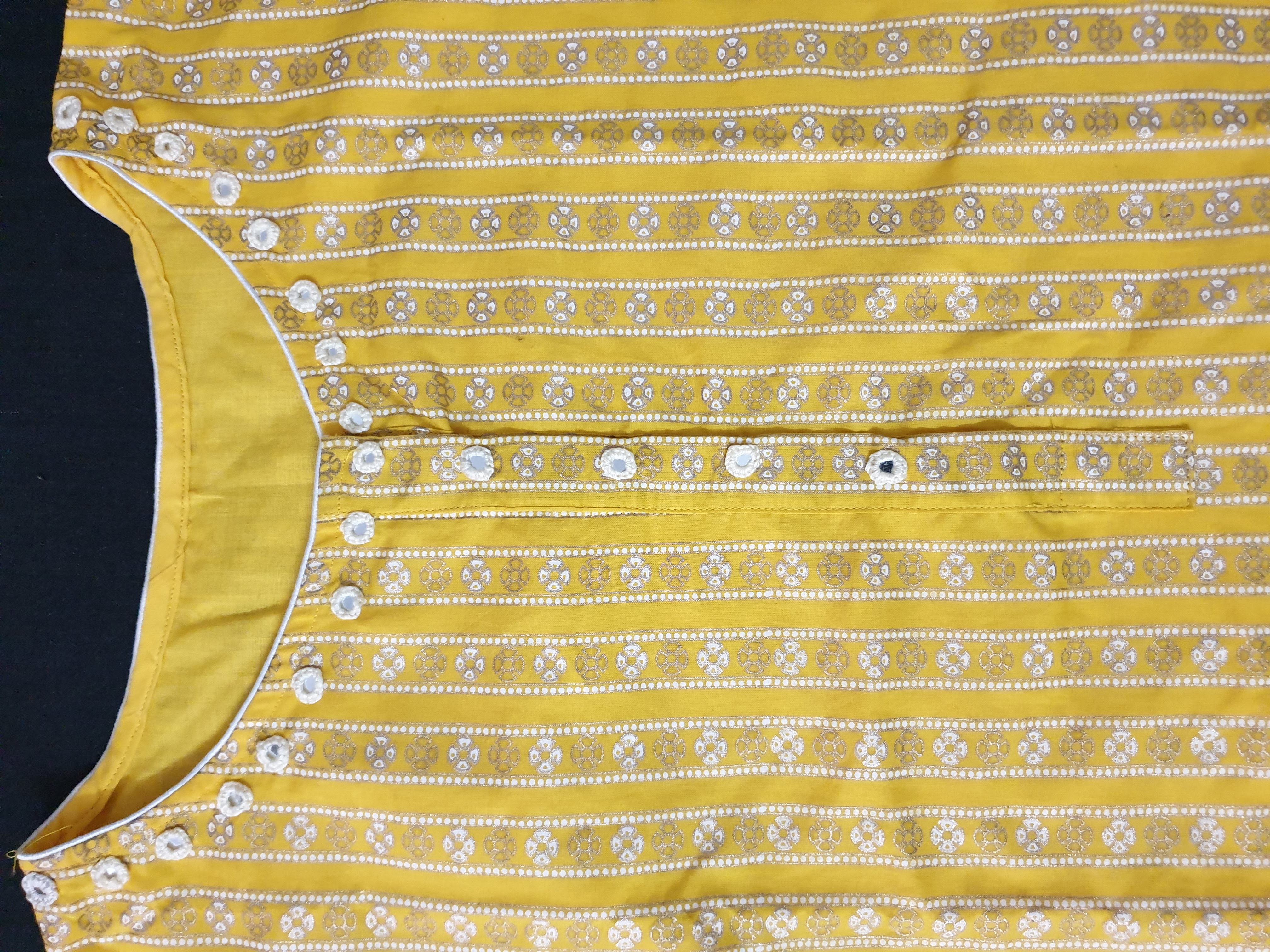 Yellow Printed Cotton Kurti with Mirror Work
